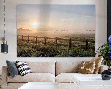 Nederlands landschap zonsondergang zonsopgang weiland en paarden van Déwy de Wit