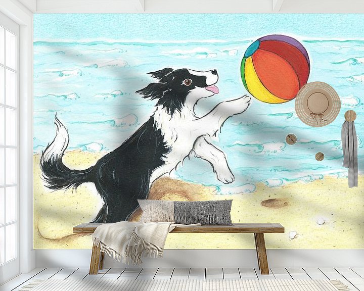 Sfeerimpressie behang: Sendie met strandbal aan zee van Rianne Brugmans van Breugel