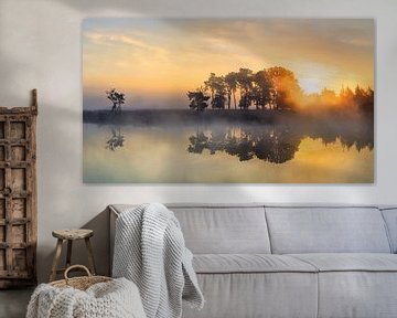 Powerful sunrise at a tranquil misty lake_2 by Tony Vingerhoets
