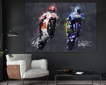 Ölgemälde-Porträt von Marco Simoncelli & Valentino Rossi Version 1 von Bert Hooijer