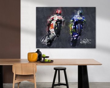 Ölgemälde-Porträt von Marco Simoncelli & Valentino Rossi Version 1 von Bert Hooijer