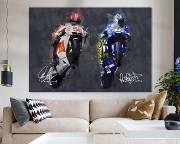 Olieverf portret van Marco Simoncelli & Valentino Rossi versie 1 van Bert Hooijer
