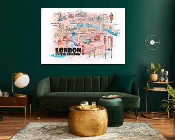 London UK Illustrated Travel Poster Favoritenkarte Touristische Highlights mit Straßen von Markus Bleichner