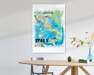 Italië Geïllustreerde reisposter Favoriete kaart Toeristische hoogtepunten van Markus Bleichner