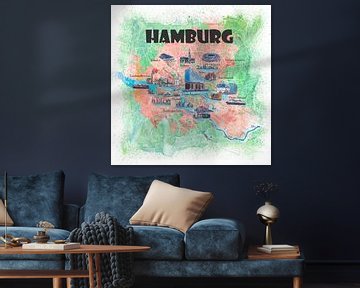 Hamburg Duitsland reisposterfavorietkaart met toeristische trekpleisters van Markus Bleichner