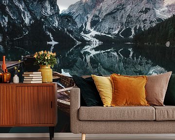 Pragser Wildsee with wooden boat by road to aloha