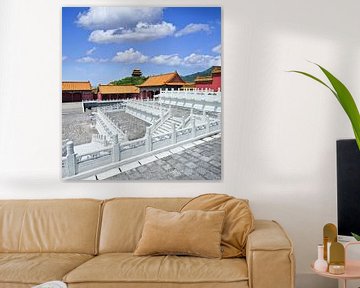 Chinese palace with balustrades and staircases and blue sky by Tony Vingerhoets