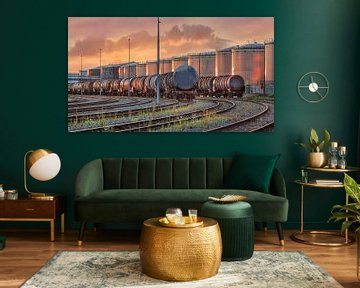 Trains wagons with silos lit by late afternoon sunlight by Tony Vingerhoets