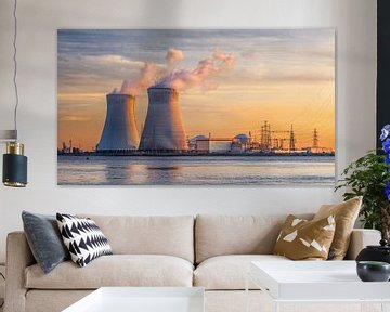 View on riverbank with sunlit nuclear reactor Port of Antwerp by Tony Vingerhoets