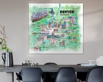 Geïllustreerde kaart van Denver Colorado USA met bezienswaardigheden en hoogtepunten van de hoofdweg van Markus Bleichner