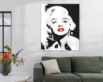 Marilyn monroe tekening zwart wit met rode lippen van sarp demirel
