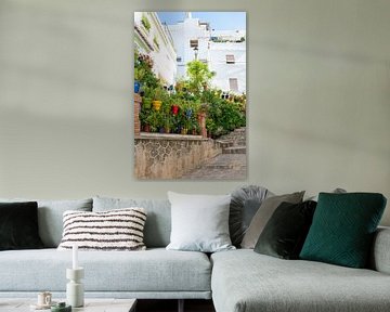 Petite rue caractéristique avec des fleurs à Cómpeta, Andalousie, Espagne