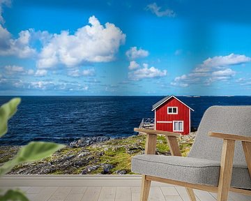 Rode houten hut op het eiland Åstol in Zweden van Rico Ködder