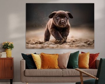 Labrador puppy vrolijk en ondeugend rennend door het zand van Lotte van Alderen