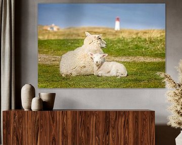 Schapen met vuurtoren op Sylt van Christian Müringer