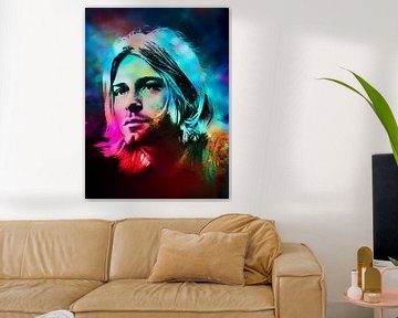 Kurt Cobain Abstraktes Porträt in Blau, Rot, Rosa, Grün von Art By Dominic