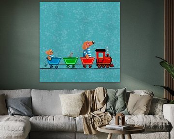 Kleine Dackel Tobie fährt mit dem Zug - blau von Linda van Putten
