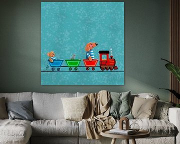 Tiny Dachshund Tobie rides a train - blue by Linda van Putten