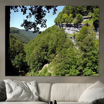 Tal mit Wald und geschichtetem Gestein im Jura, Frankreich