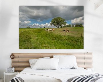 Hollandse koeien bij  (hooi) strowagen in de Betuwse polder
