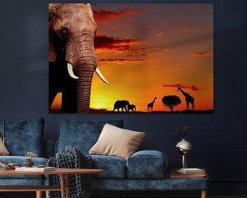 L'éléphant d'Afrique au coucher du soleil sur Henny Hagenaars