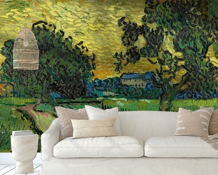 Sfeerimpressie behang: Landschap bij avondschemering, Vincent van Gogh