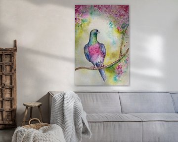 Aquarell einer Taube mit einem Blütenzweig... von Els Fonteine