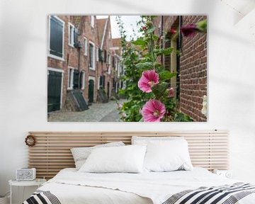 Middelburg, Kuiperspoort, met mooie roze bloemen, stokroos,  op de voorgrond van Patrick Verhoef