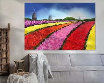 Landschapsschilderij van Nederlandse tulpenvelden met drie windmolens