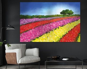 Landschapsschilderij van Nederlandse tulpenvelden met bomen