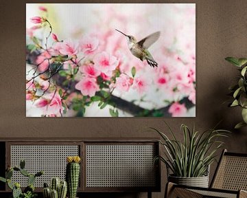 Vliegende Kolibrie Vogel Met Roze Lente Bloemen