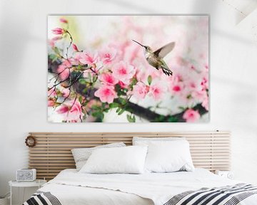 Flying Hummingbird Feeding On Pink Spring Blossom Flowers by Diana van Tankeren