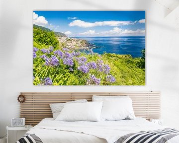 Lily of the Nile flowers in front of a view over Seixal coastal village on Madeira island during a b by Sjoerd van der Wal Photography