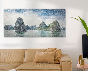 Panorama Halong Bay, Vietnam, tekening van Rietje Bulthuis