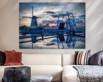 Kinderdijk windmills with bridge at sunset