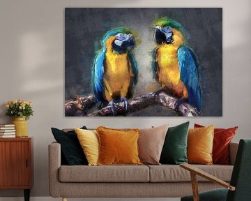 Portrait de deux perroquets en peinture à l'huile sur Bert Hooijer