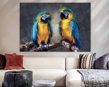 Olieverf portret van twee papegaaien