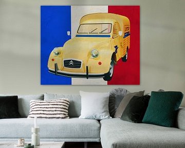 La Citroën 2CV devant le drapeau français