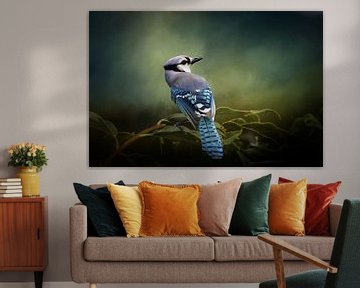 Blauwe Gaai - Vogel Op Tak Met Groene Bladeren van Diana van Tankeren