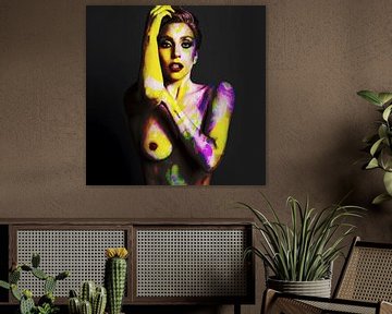 Lady Gaga Naakt Bodypaint ARTPOP Digital Art in Geel, Groen, Roze van Art By Dominic