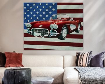 Chevrolet Corvette C1 de 1960 devant le drapeau américain