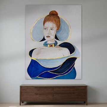 Woman in blue dress with gold accents