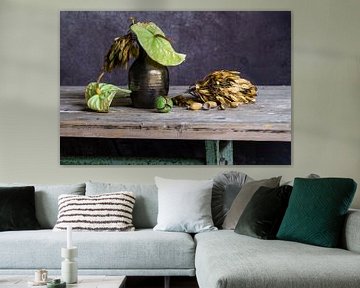 Still life with anthurium, acorns and walnut