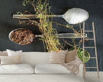 Salt, tapenade, dill & fresh thyme on slate by Miranda van Hulst