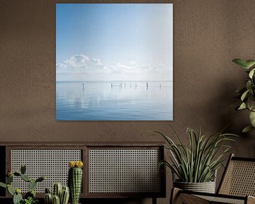 Hollands waterlandschap met reflectie van wolken en fuikpalen. van MICHEL WETTSTEIN