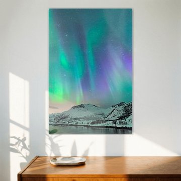 Nordlicht, Polarlicht oder Aurora Borealis am Nachthimmel über den Lofoten