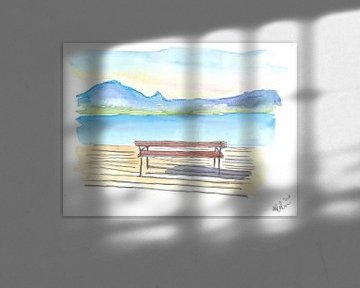 Stille und Einsamkeit mit der Zen-Bank am See mit Bergen von Markus Bleichner