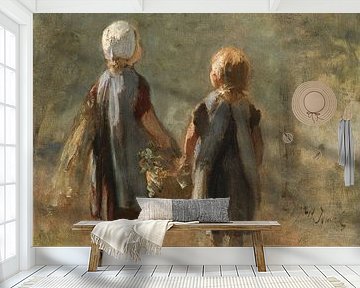 Twee kleine meisjes die een mand dragen - Jozef Israëls (gezien bij vtwonen)