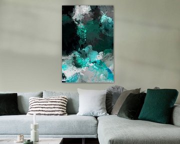 Modern, Abstract Digitaal Waterverf Kunstwerk in Zwart Blauw Grijs  Wit van Art By Dominic