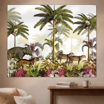 Jungle print palm trees with tiger, panthers and elephant